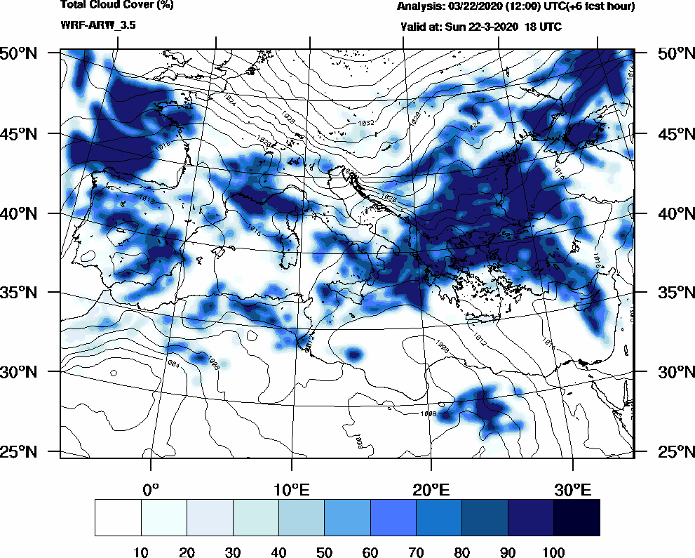 Total cloud cover (%) - 2020-03-22 12:00