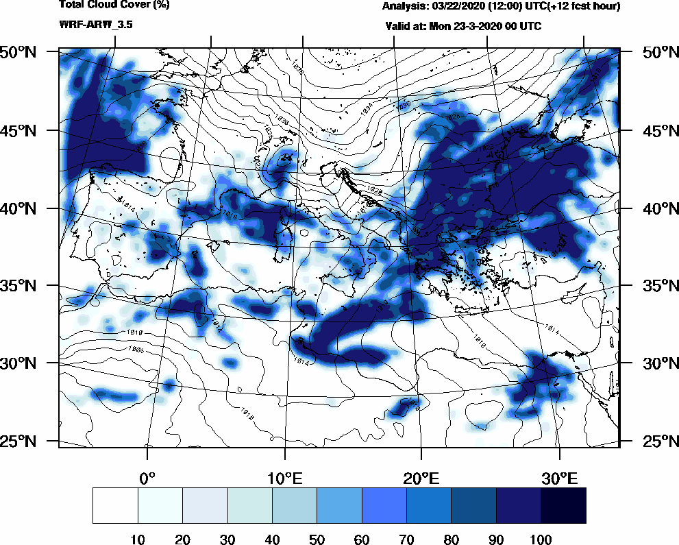 Total cloud cover (%) - 2020-03-22 18:00