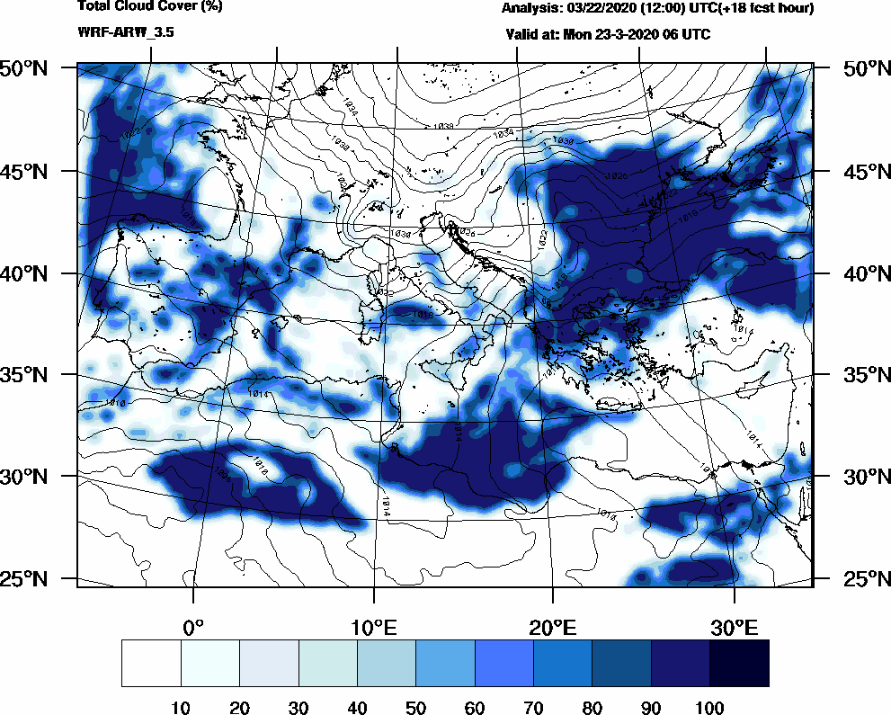 Total cloud cover (%) - 2020-03-23 00:00