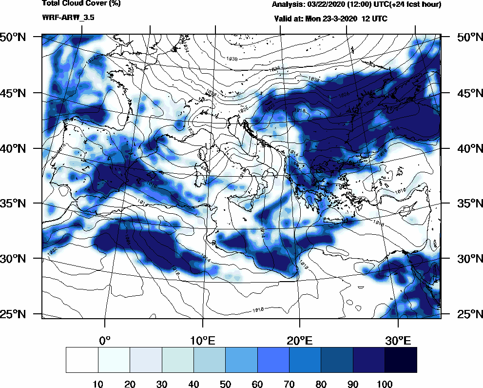 Total cloud cover (%) - 2020-03-23 06:00