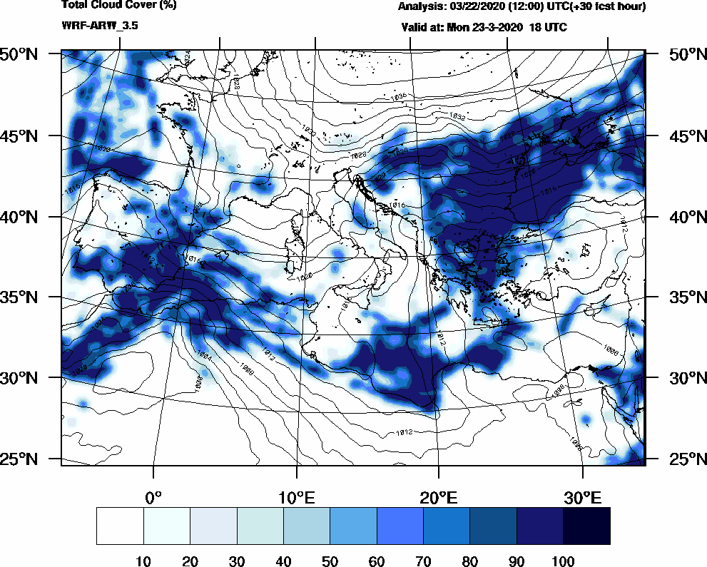 Total cloud cover (%) - 2020-03-23 12:00