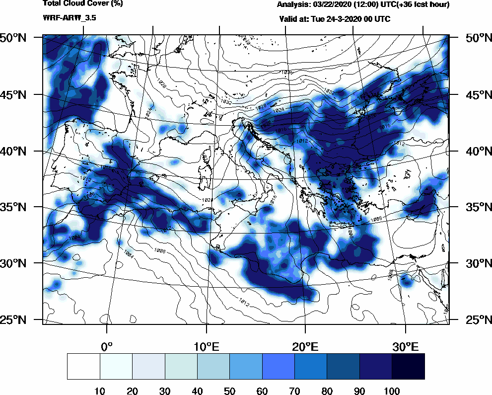 Total cloud cover (%) - 2020-03-23 18:00