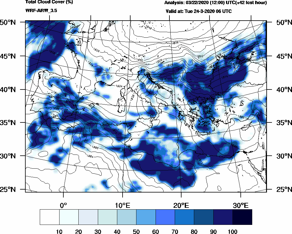 Total cloud cover (%) - 2020-03-24 00:00