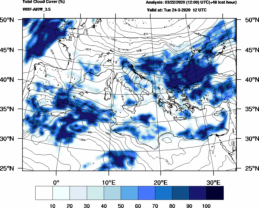 Total cloud cover (%) - 2020-03-24 06:00