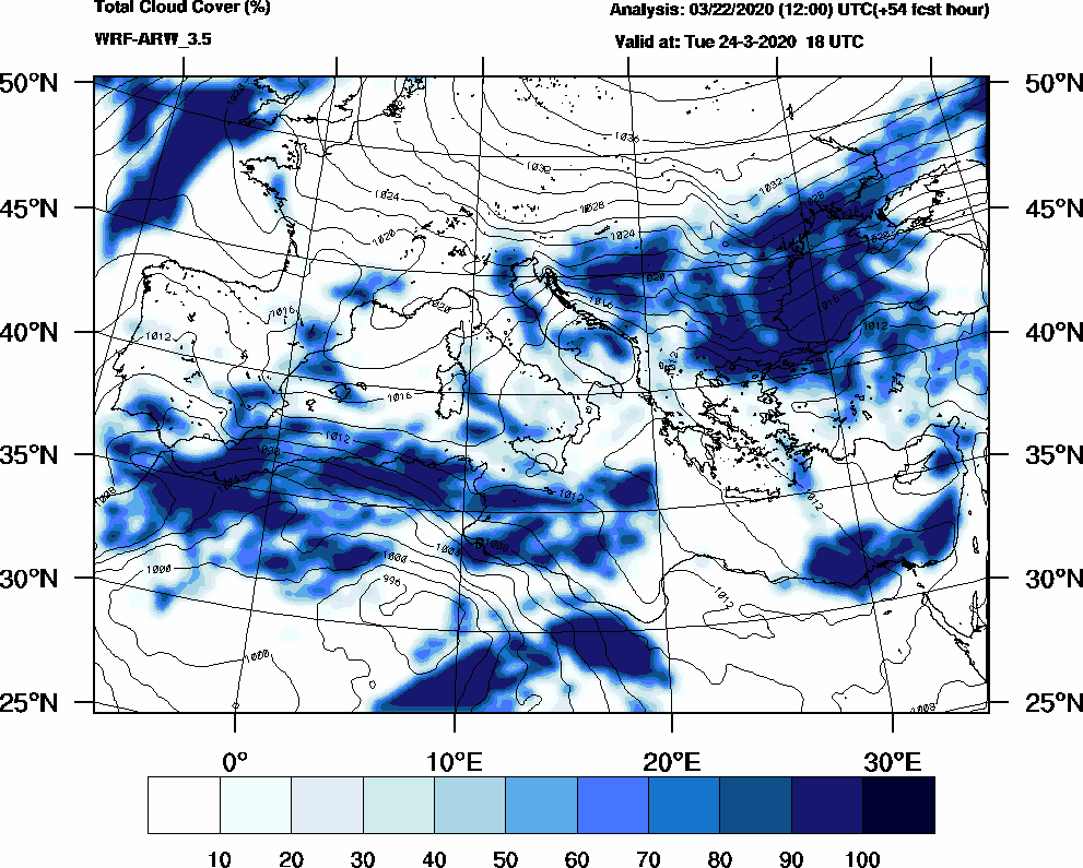 Total cloud cover (%) - 2020-03-24 12:00