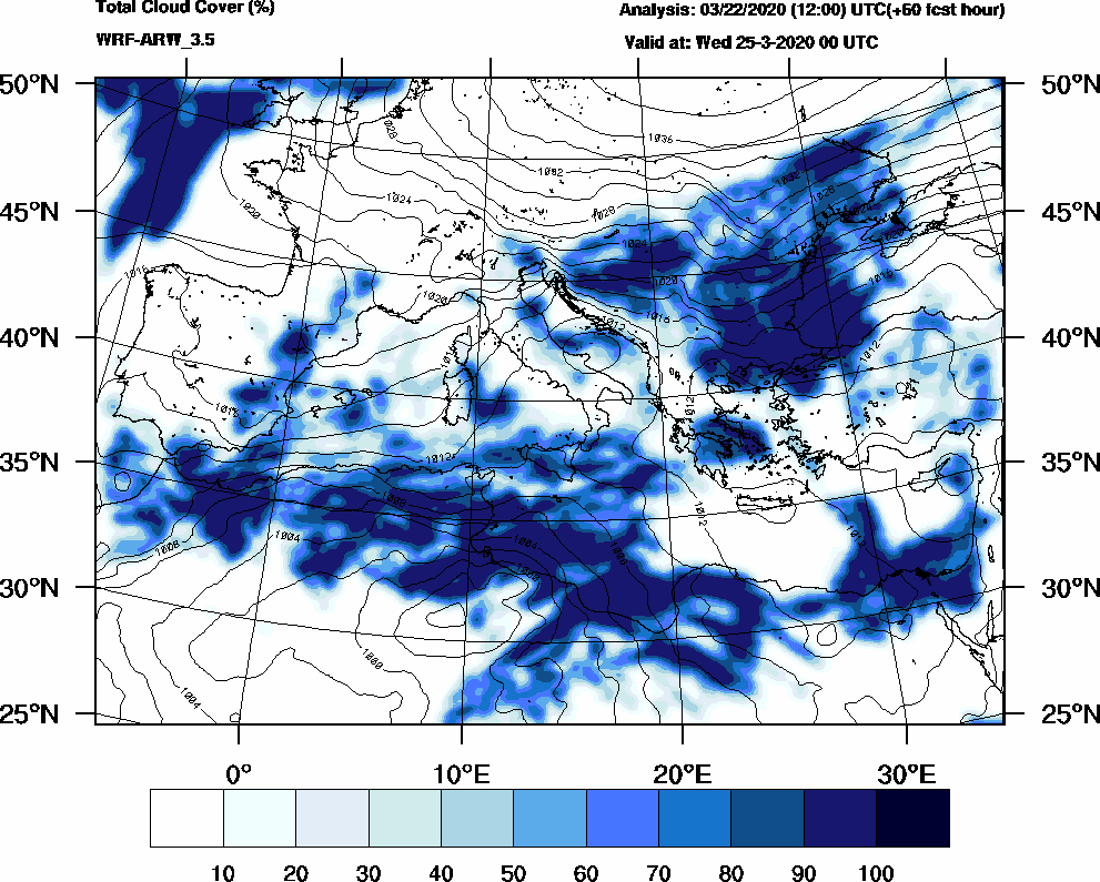 Total cloud cover (%) - 2020-03-24 18:00