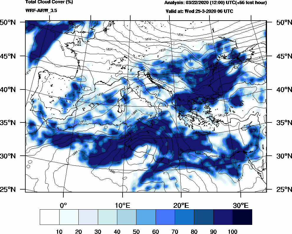 Total cloud cover (%) - 2020-03-25 00:00