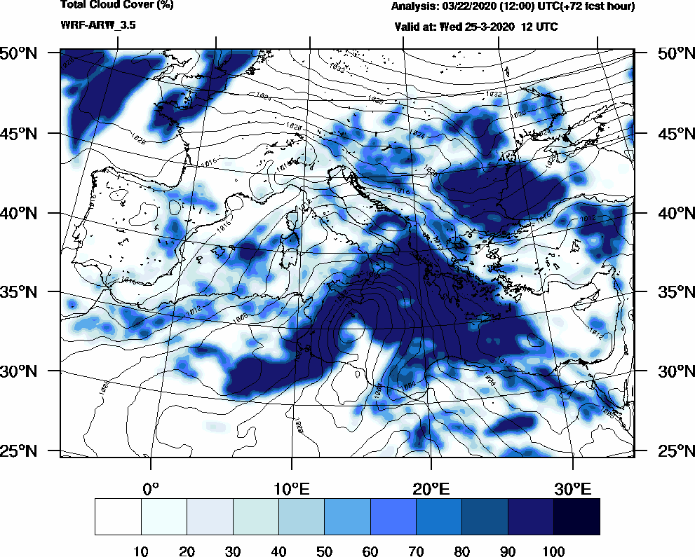 Total cloud cover (%) - 2020-03-25 06:00