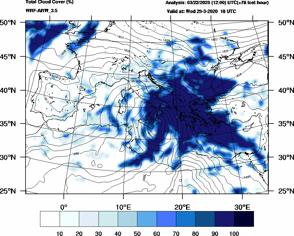 Total cloud cover (%) - 2020-03-25 12:00