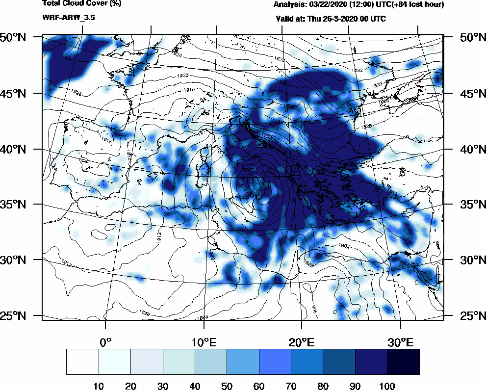 Total cloud cover (%) - 2020-03-25 18:00