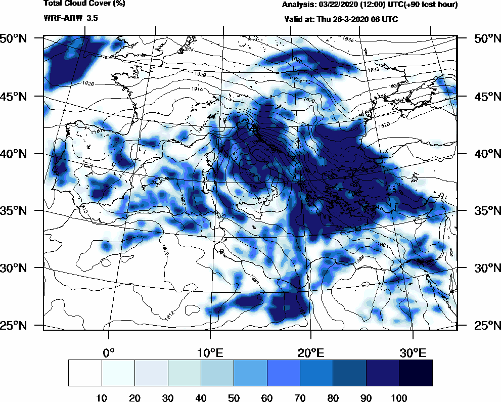 Total cloud cover (%) - 2020-03-26 00:00