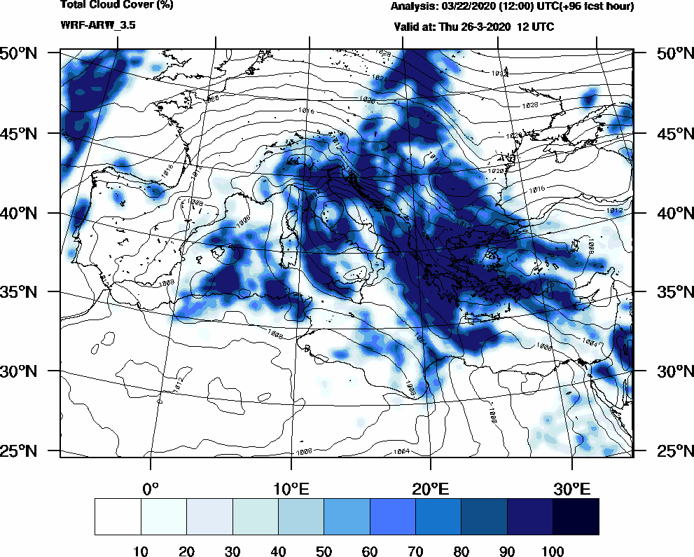 Total cloud cover (%) - 2020-03-26 06:00