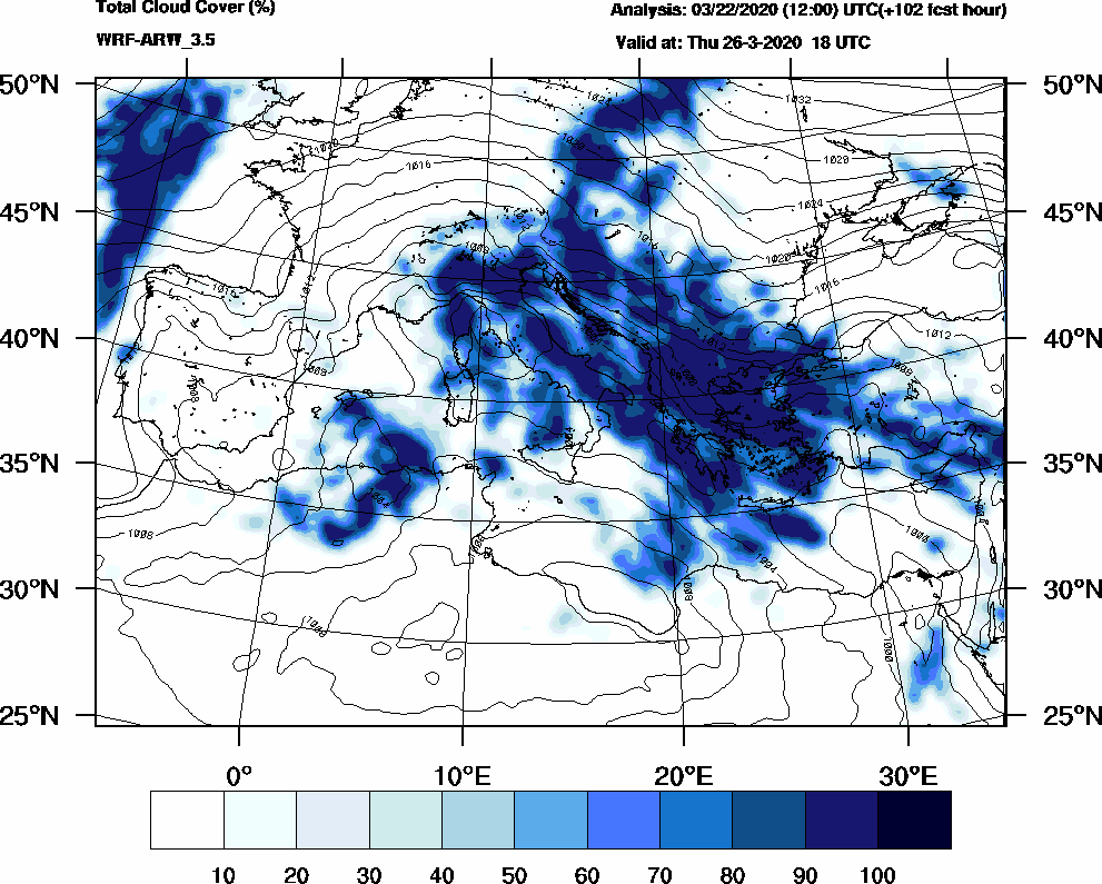 Total cloud cover (%) - 2020-03-26 12:00