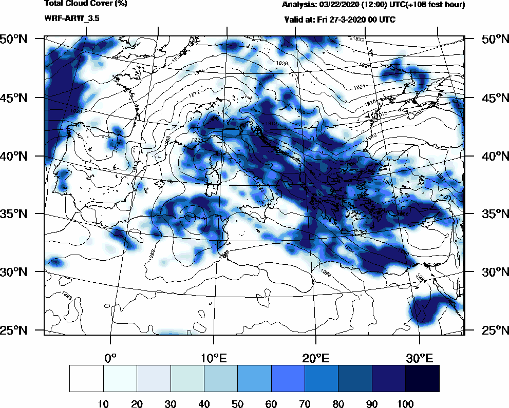 Total cloud cover (%) - 2020-03-26 18:00