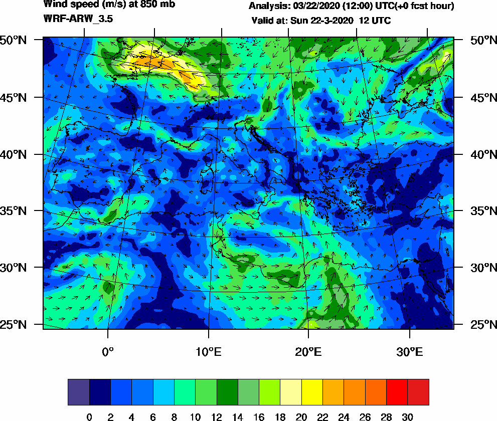 Wind speed (m/s) at 850 mb - 2020-03-22 12:00