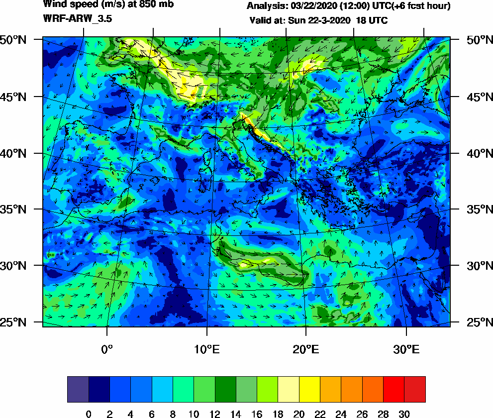 Wind speed (m/s) at 850 mb - 2020-03-22 18:00