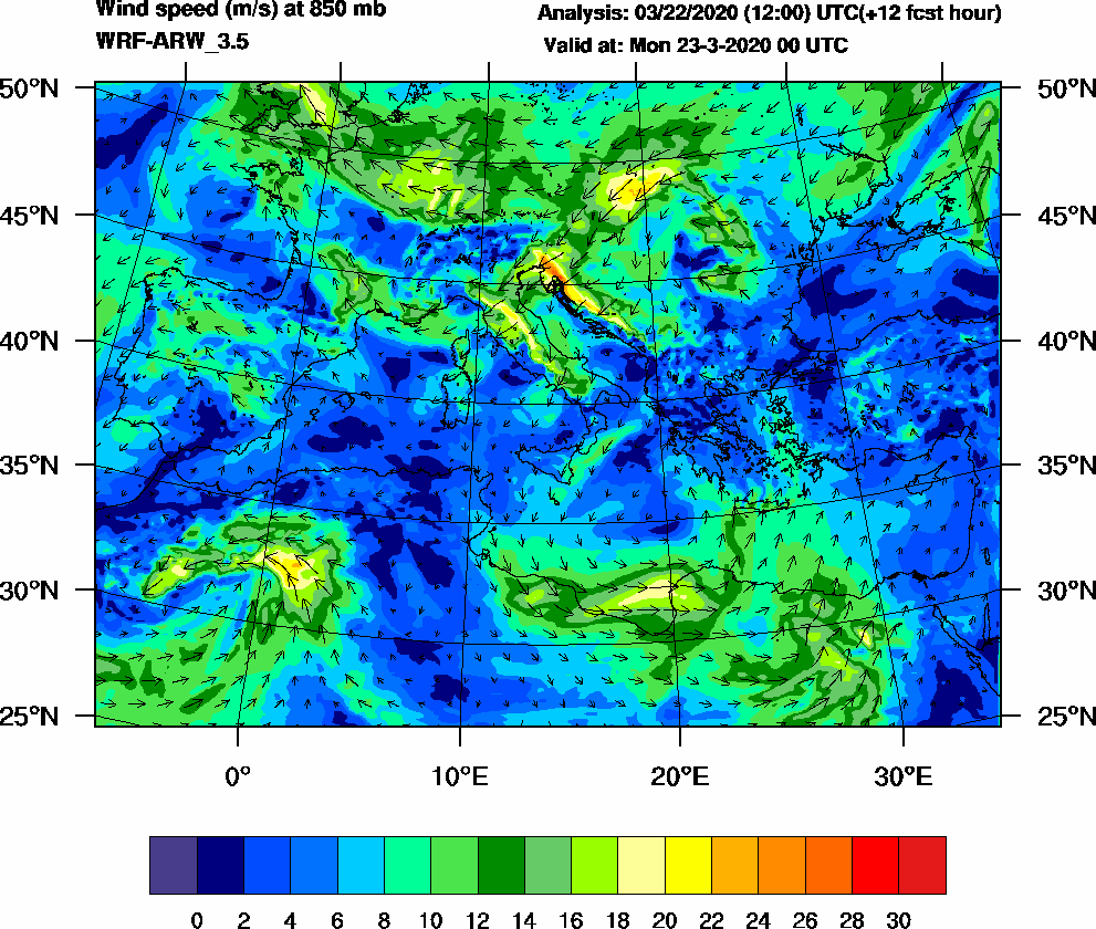 Wind speed (m/s) at 850 mb - 2020-03-23 00:00