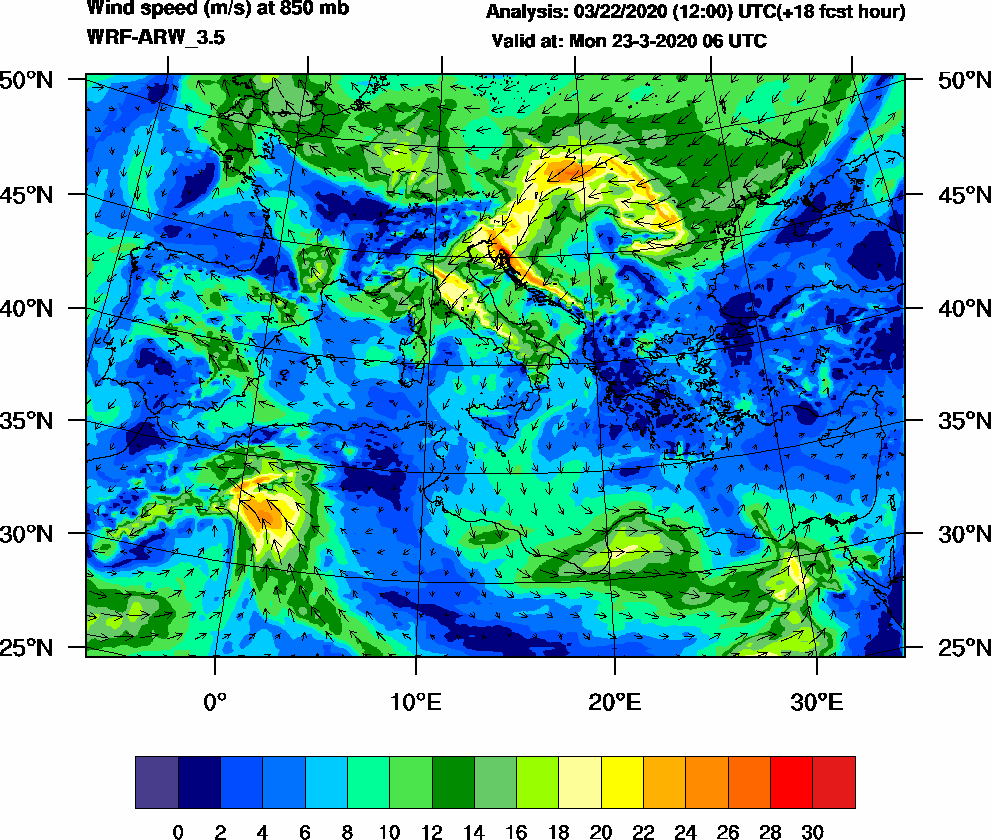 Wind speed (m/s) at 850 mb - 2020-03-23 06:00