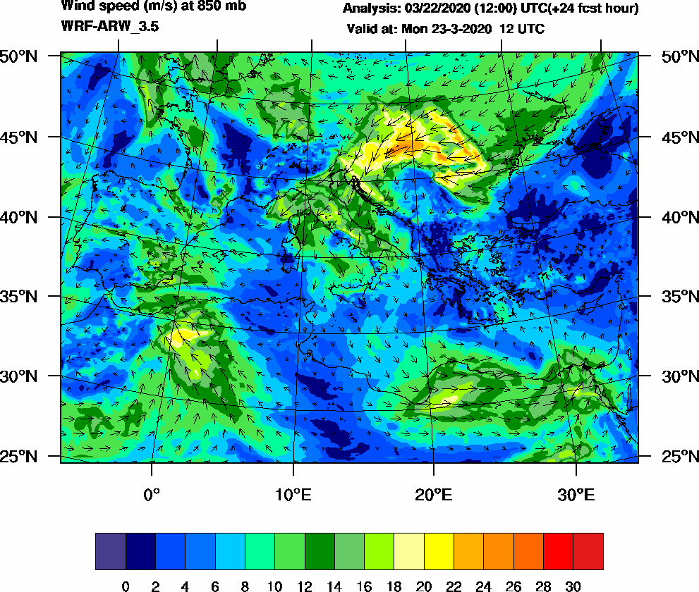 Wind speed (m/s) at 850 mb - 2020-03-23 12:00