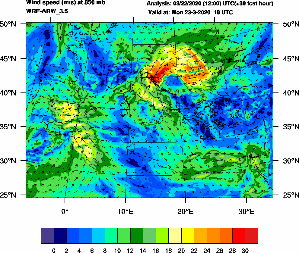 Wind speed (m/s) at 850 mb - 2020-03-23 18:00