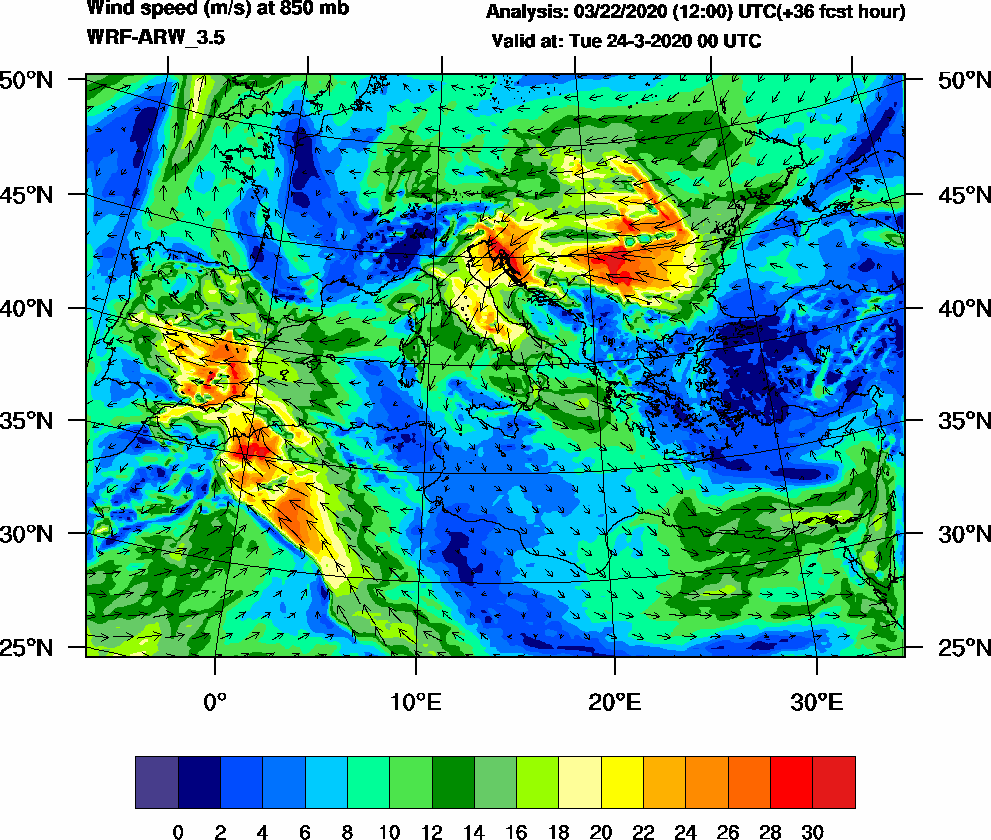 Wind speed (m/s) at 850 mb - 2020-03-24 00:00