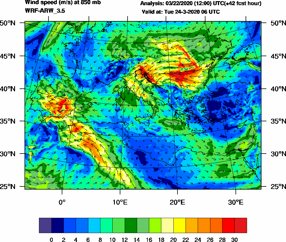 Wind speed (m/s) at 850 mb - 2020-03-24 06:00