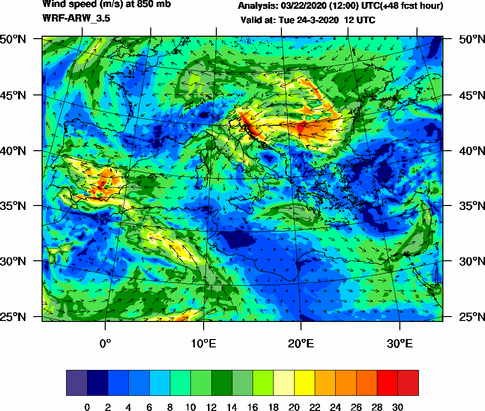 Wind speed (m/s) at 850 mb - 2020-03-24 12:00