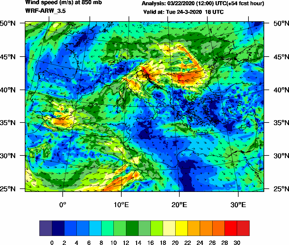 Wind speed (m/s) at 850 mb - 2020-03-24 18:00