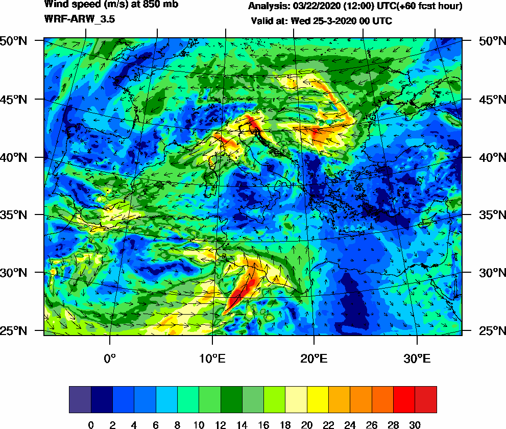 Wind speed (m/s) at 850 mb - 2020-03-25 00:00