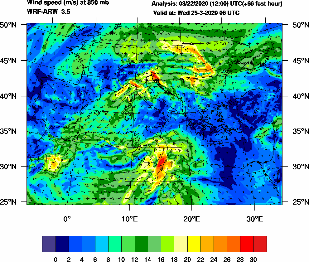 Wind speed (m/s) at 850 mb - 2020-03-25 06:00