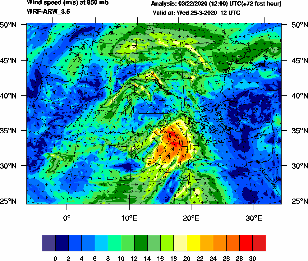 Wind speed (m/s) at 850 mb - 2020-03-25 12:00