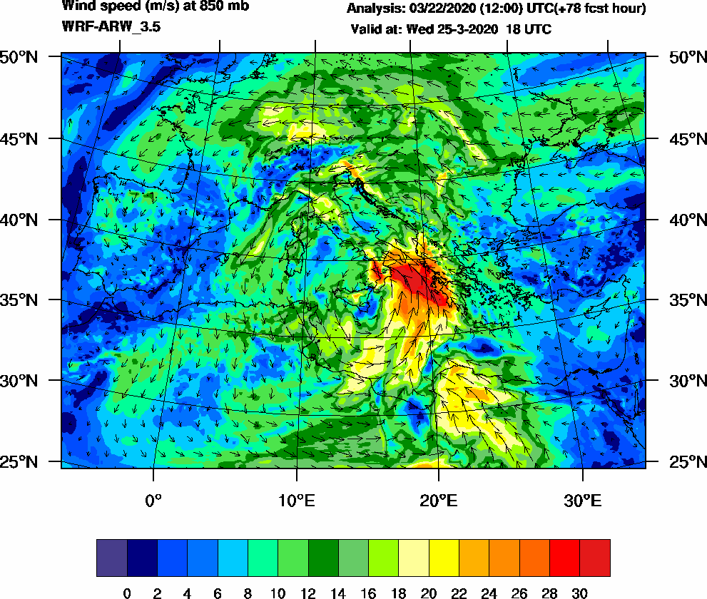 Wind speed (m/s) at 850 mb - 2020-03-25 18:00
