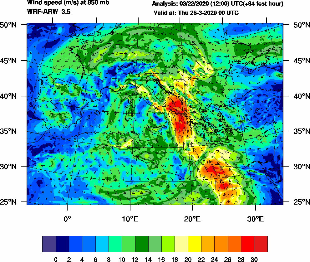 Wind speed (m/s) at 850 mb - 2020-03-26 00:00