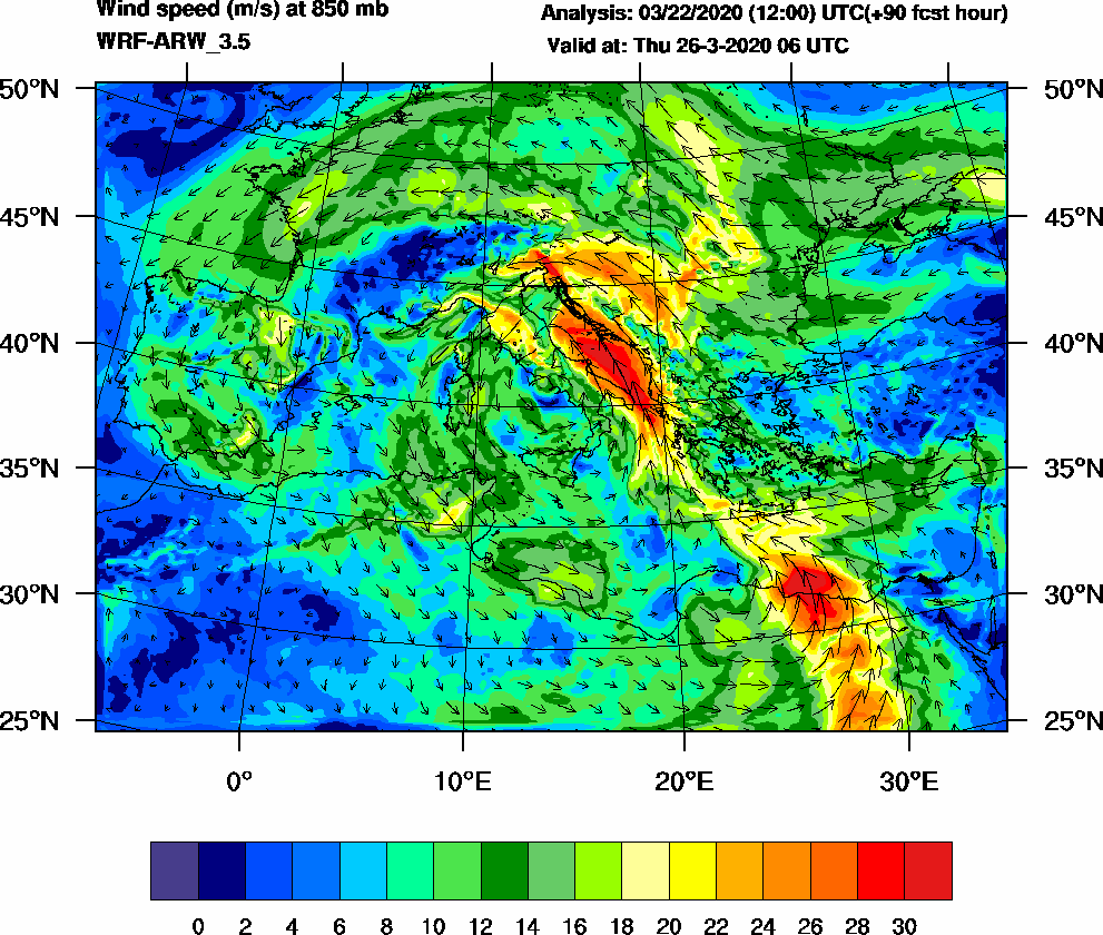 Wind speed (m/s) at 850 mb - 2020-03-26 06:00