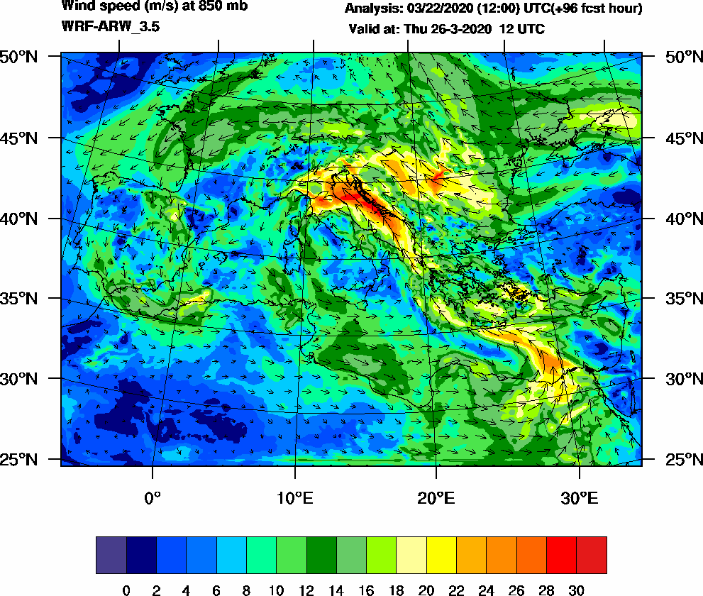 Wind speed (m/s) at 850 mb - 2020-03-26 12:00