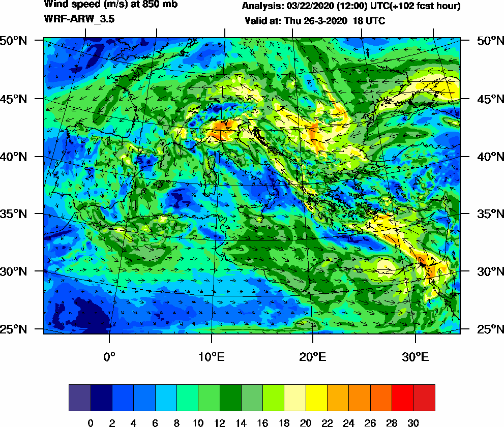 Wind speed (m/s) at 850 mb - 2020-03-26 18:00