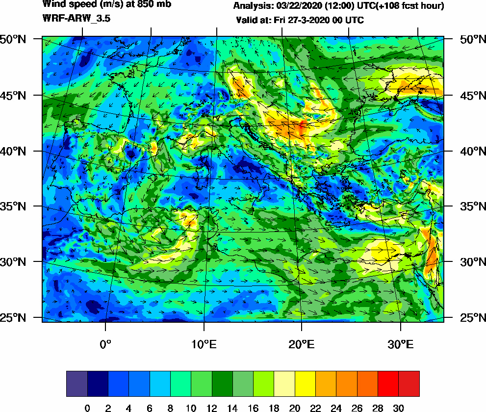 Wind speed (m/s) at 850 mb - 2020-03-27 00:00