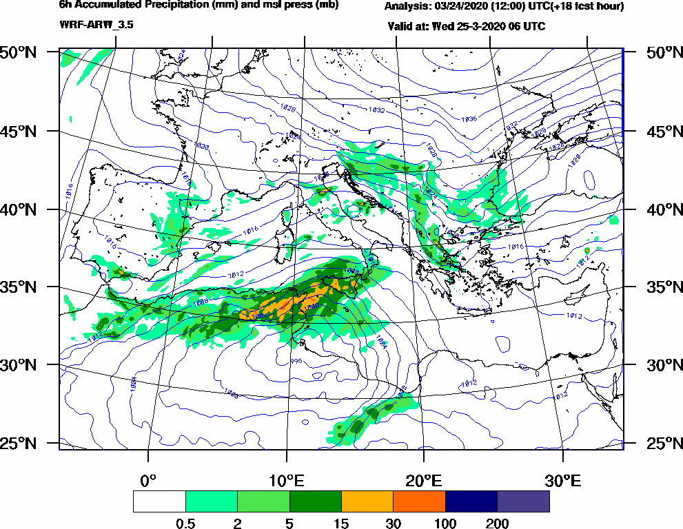6h Accumulated Precipitation (mm) and msl press (mb) - 2020-03-25 00:00