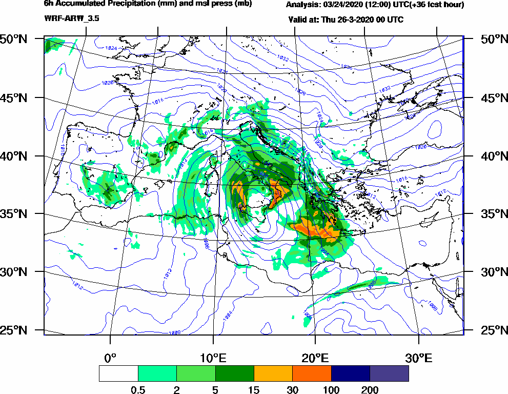6h Accumulated Precipitation (mm) and msl press (mb) - 2020-03-25 18:00
