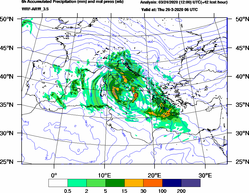 6h Accumulated Precipitation (mm) and msl press (mb) - 2020-03-26 00:00