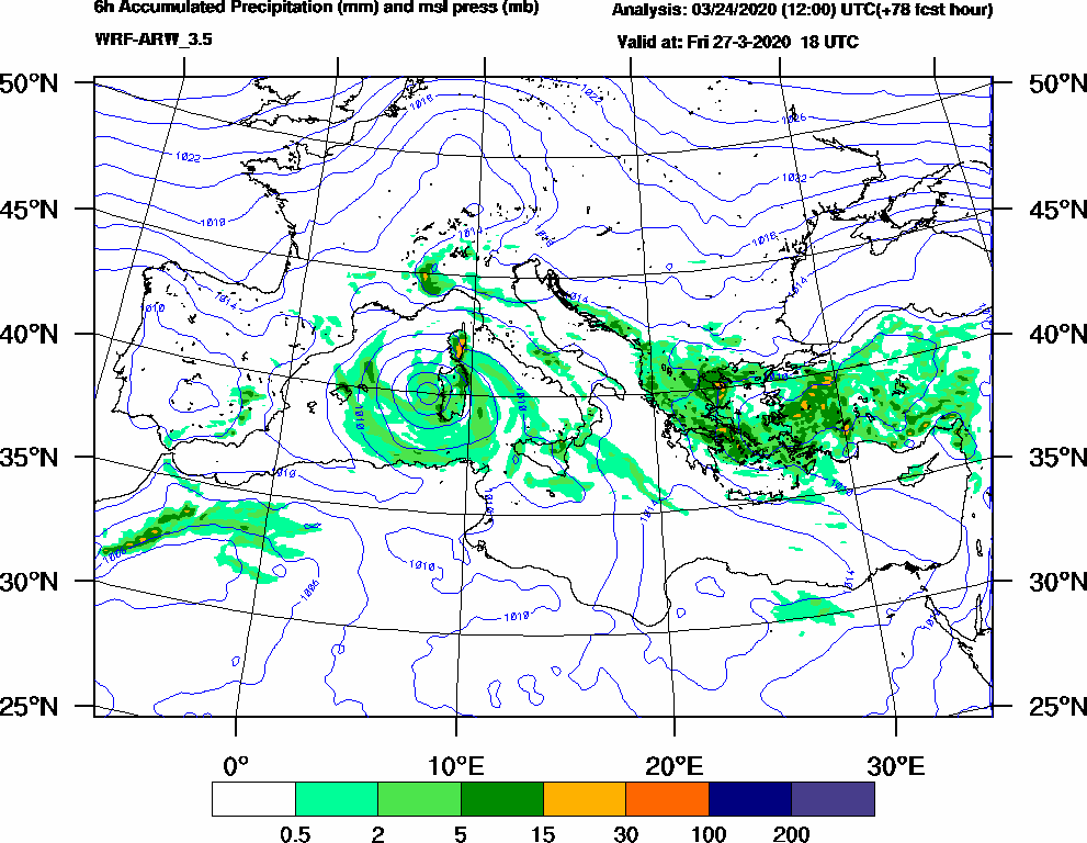 6h Accumulated Precipitation (mm) and msl press (mb) - 2020-03-27 12:00