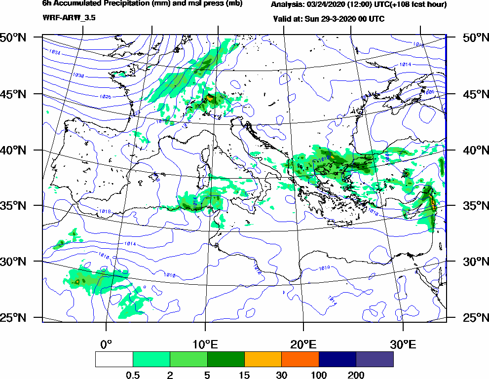 6h Accumulated Precipitation (mm) and msl press (mb) - 2020-03-28 18:00