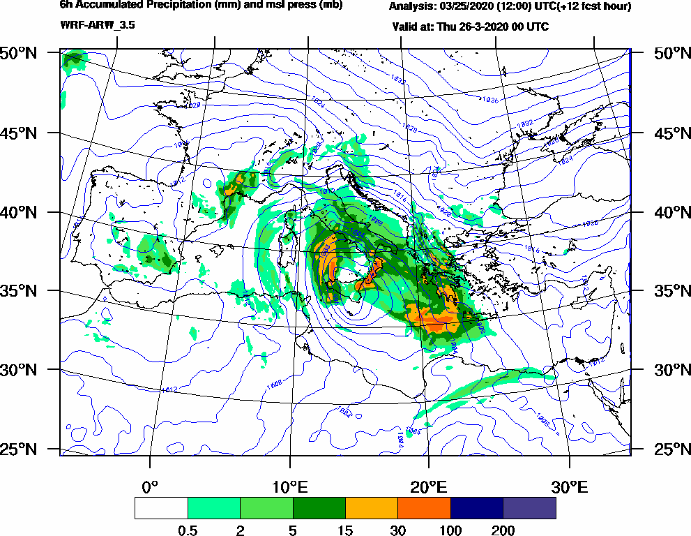6h Accumulated Precipitation (mm) and msl press (mb) - 2020-03-25 18:00