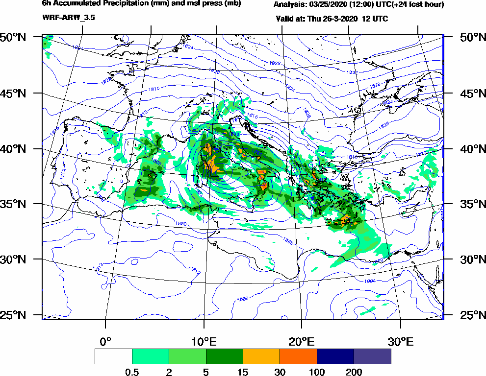 6h Accumulated Precipitation (mm) and msl press (mb) - 2020-03-26 06:00