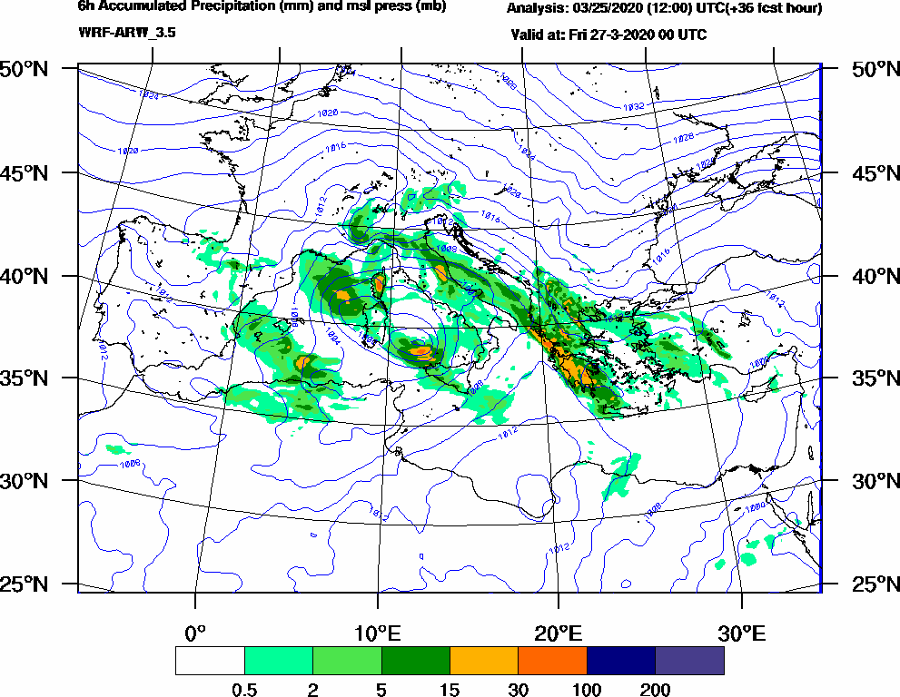 6h Accumulated Precipitation (mm) and msl press (mb) - 2020-03-26 18:00