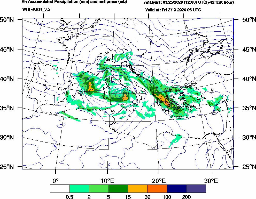 6h Accumulated Precipitation (mm) and msl press (mb) - 2020-03-27 00:00