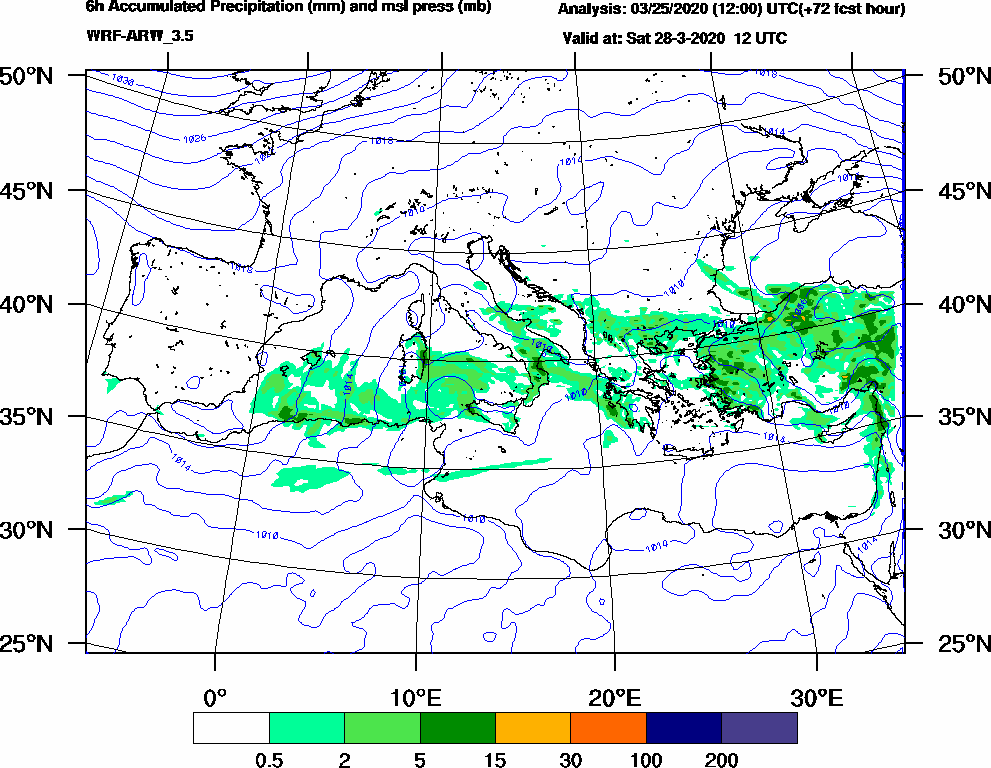 6h Accumulated Precipitation (mm) and msl press (mb) - 2020-03-28 06:00