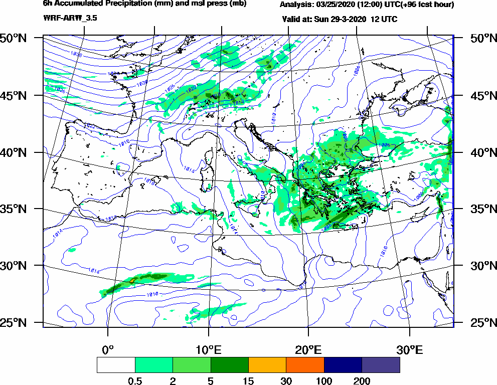 6h Accumulated Precipitation (mm) and msl press (mb) - 2020-03-29 06:00