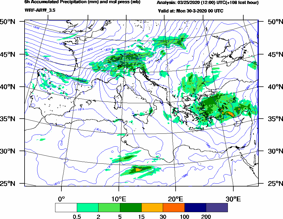 6h Accumulated Precipitation (mm) and msl press (mb) - 2020-03-29 18:00