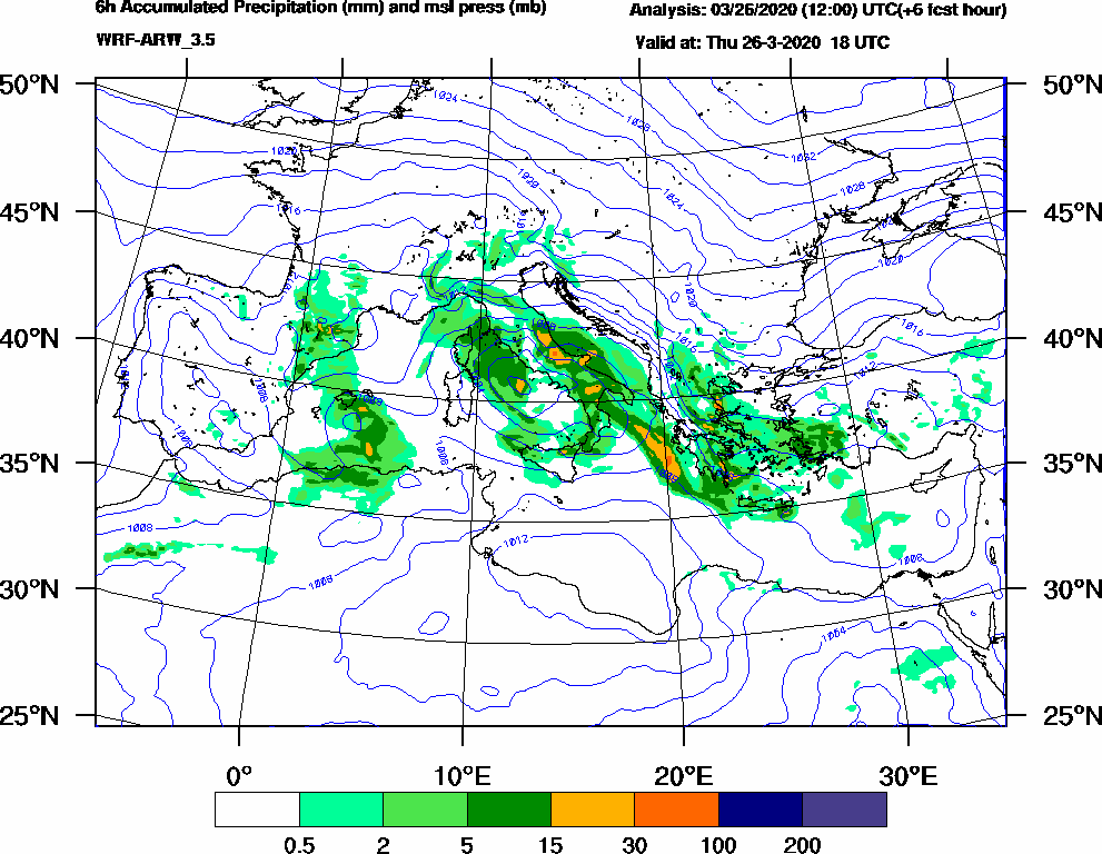 6h Accumulated Precipitation (mm) and msl press (mb) - 2020-03-26 12:00